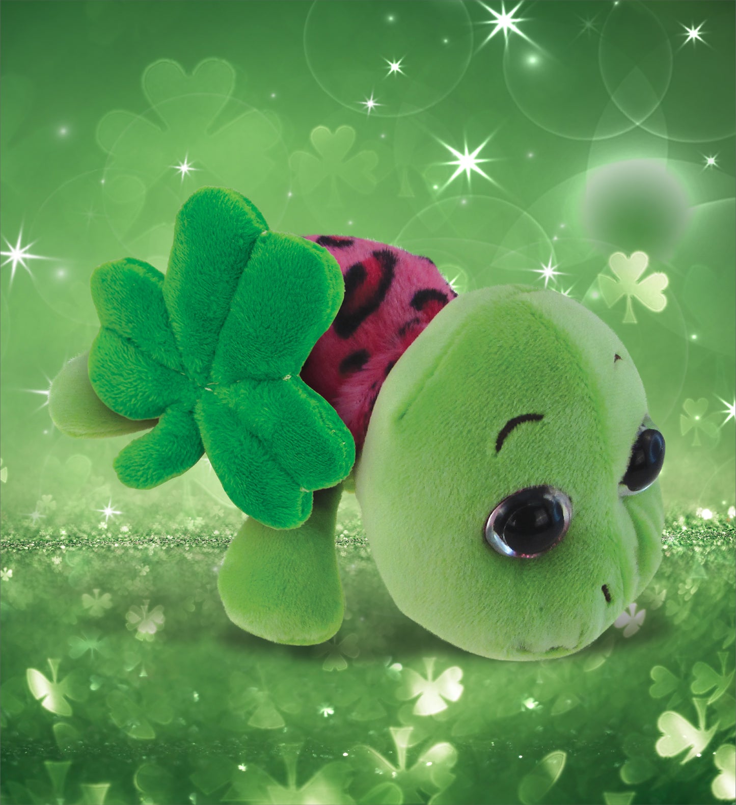 DolliBu Pink Shell Sea Turtle Stuffed Animal with Green Plush Shamrock - 6 Inch