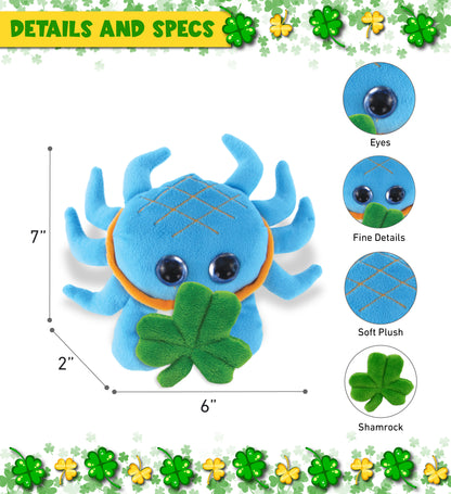 DolliBu Big Eyed Blue Crab Stuffed Animal with Green Plush Shamrock - 7 Inches