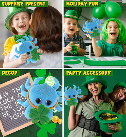 DolliBu Big Eyed Blue Crab Stuffed Animal with Green Plush Shamrock - 7 Inches
