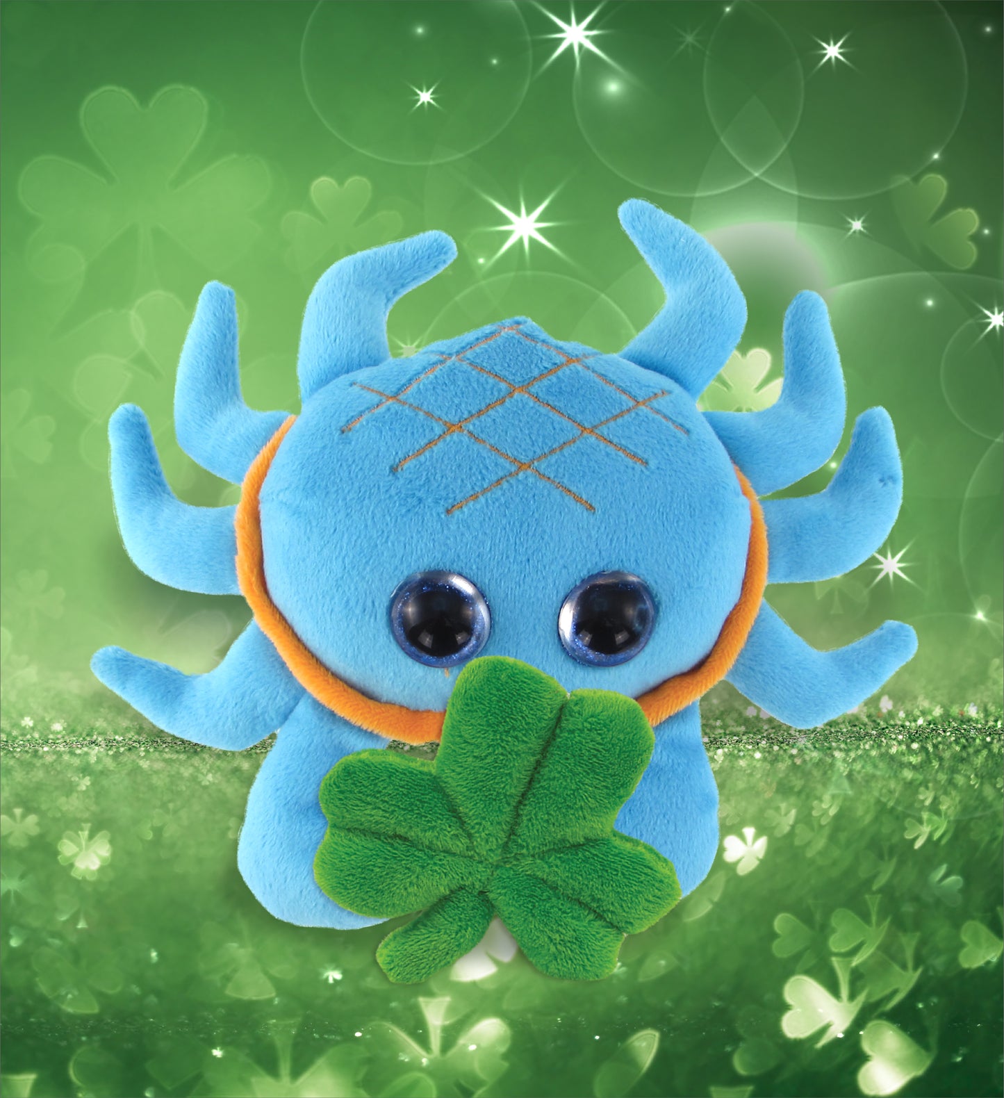DolliBu Big Eyed Blue Crab Stuffed Animal with Green Plush Shamrock - 7 Inches