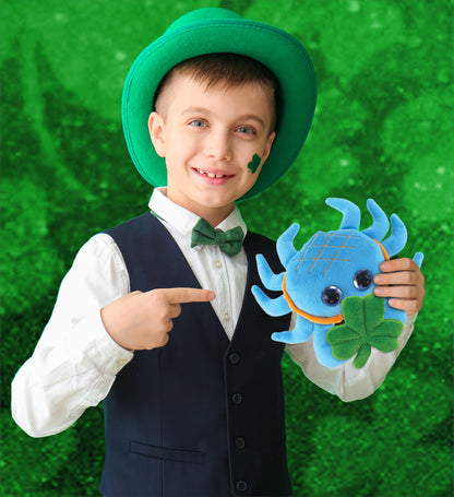 DolliBu Big Eyed Blue Crab Stuffed Animal with Green Plush Shamrock - 7 Inches