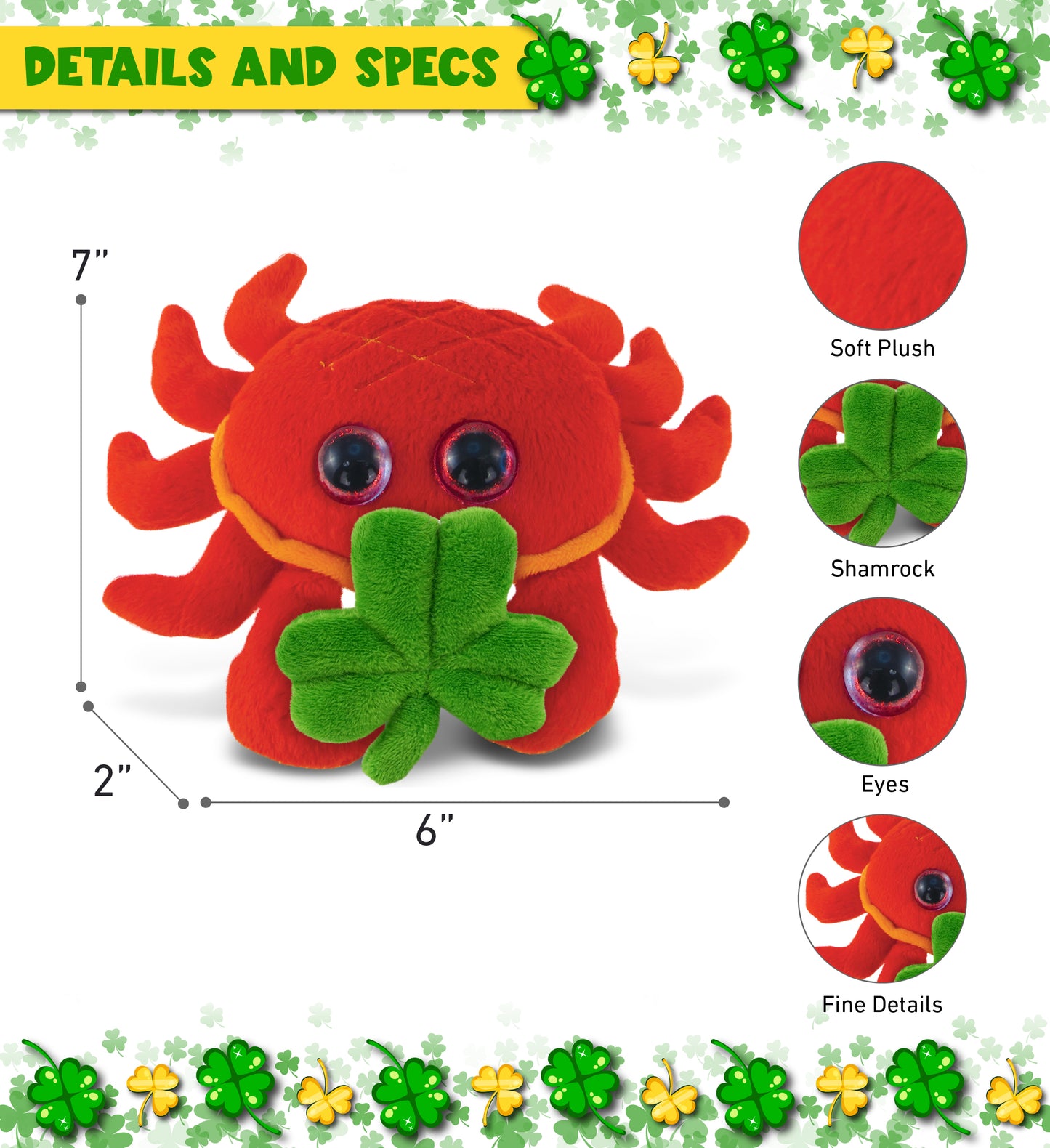 DolliBu Big Eyed Red Crab Stuffed Animal with Green Plush Shamrock - 7 Inches