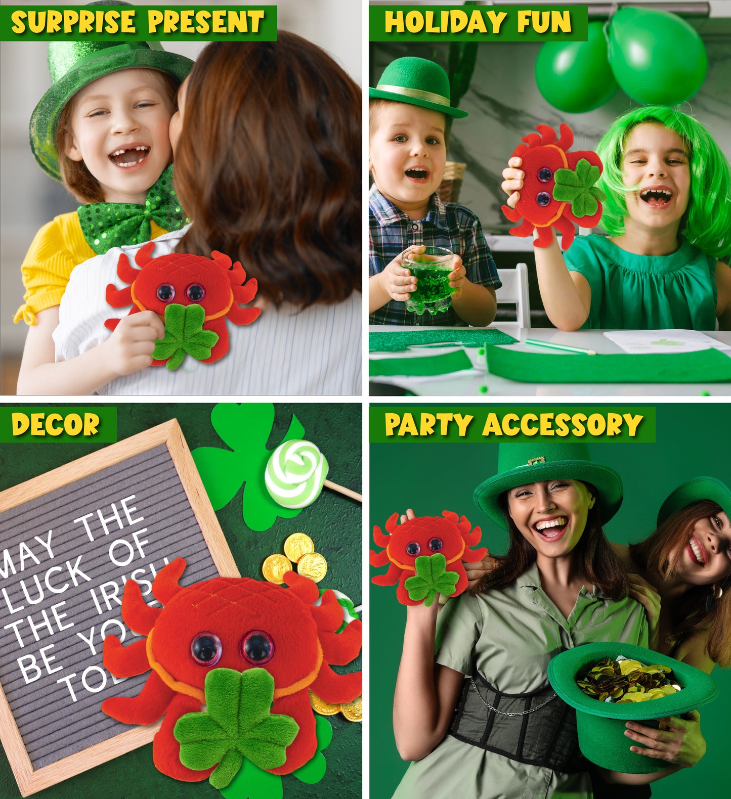 DolliBu Big Eyed Red Crab Stuffed Animal with Green Plush Shamrock - 7 Inches