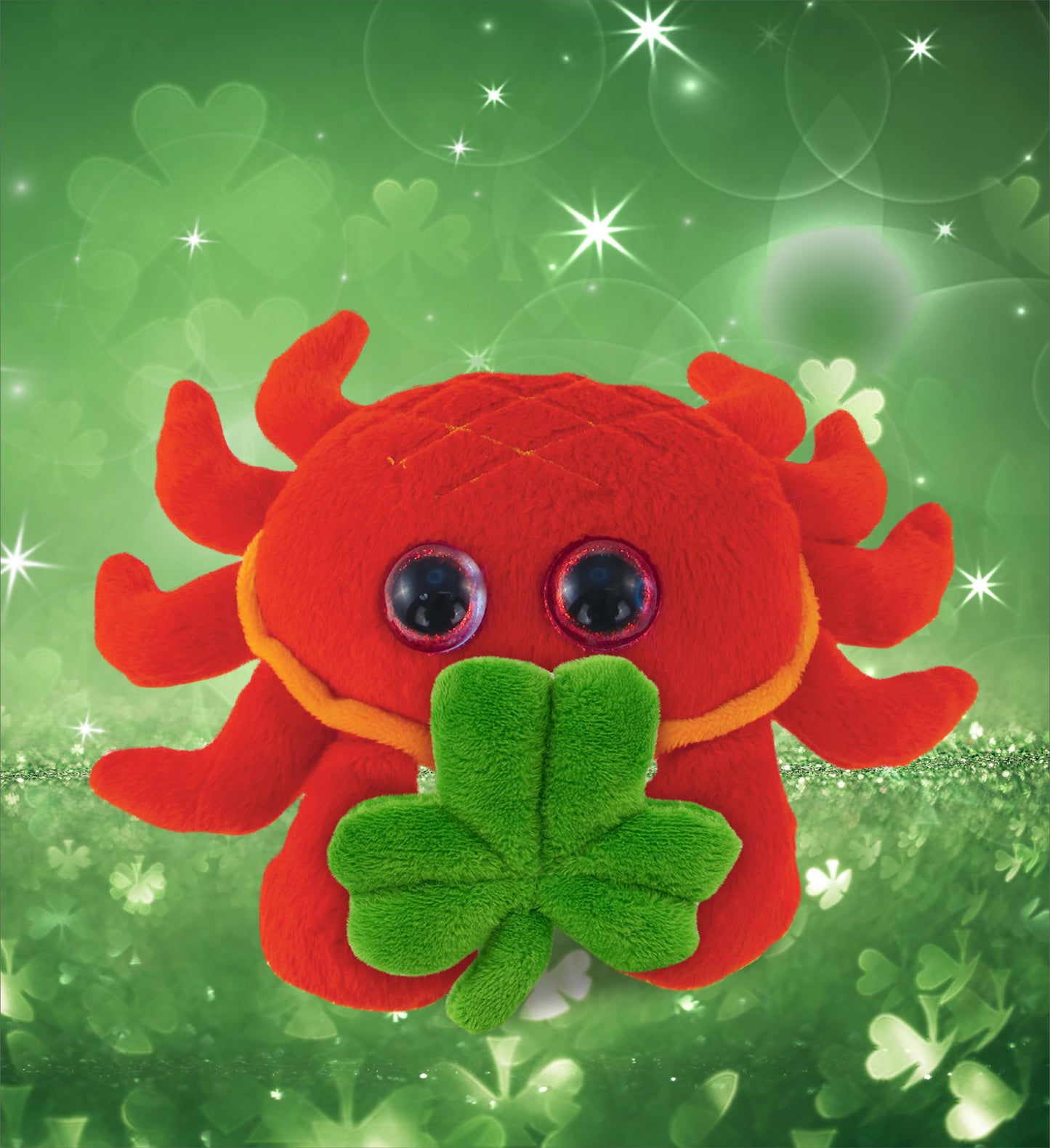DolliBu Big Eyed Red Crab Stuffed Animal with Green Plush Shamrock - 7 Inches