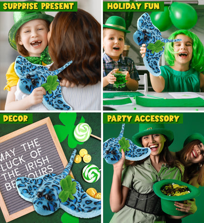 DolliBu Blue Stingray Stuffed Animal with Green Plush Shamrock - 15 Inches