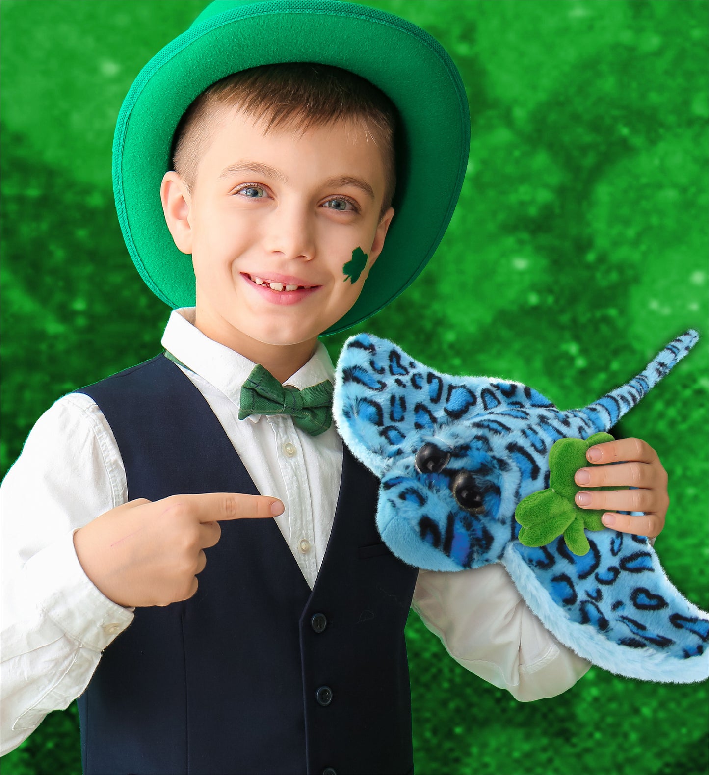 DolliBu Blue Stingray Stuffed Animal with Green Plush Shamrock - 15 Inches