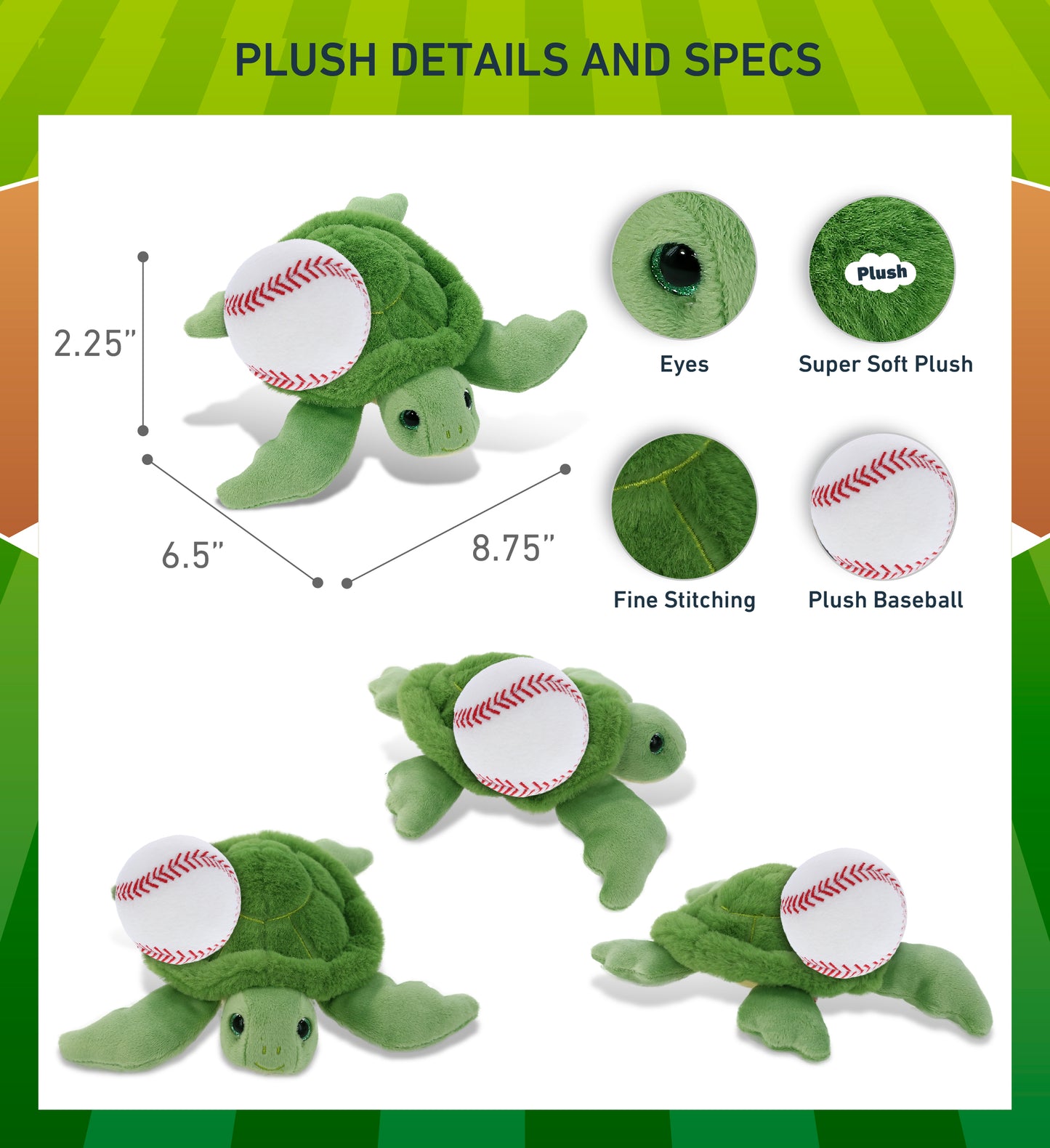 SUPER-SOFT PLUSH - GREEN SEA TURTLE 6.5" with Baseball Plush
