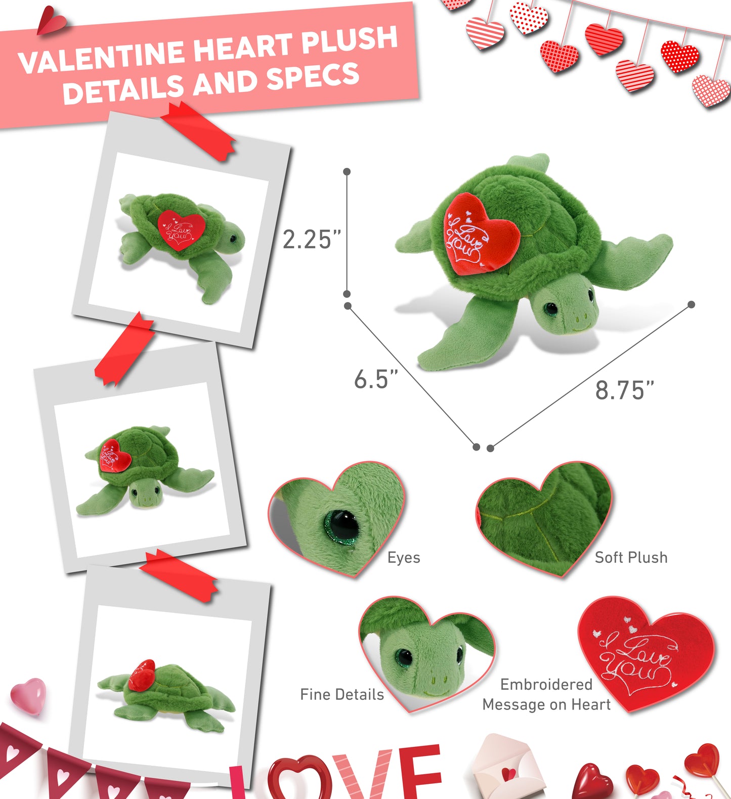 PLUSH I LOVE YOU RED HEART - SUPER-SOFT PLUSH - GREEN SEA TURTLE 6.5"