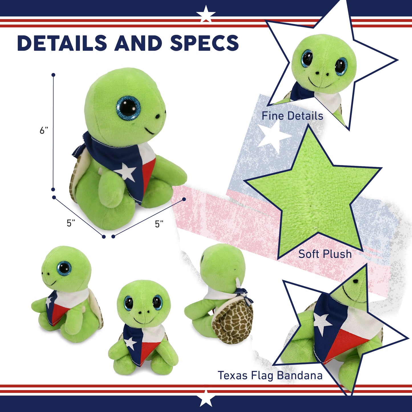 SPARKLE EYES PLUSH - SMALL GREEN SEA TURTLE WITH TEXAS FLAG BANDANA