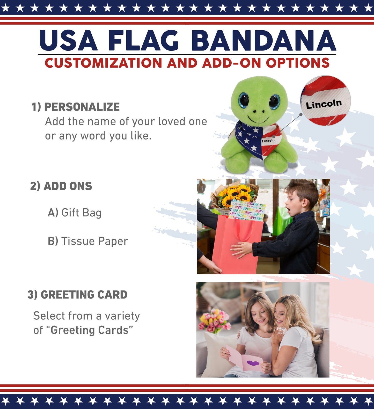 SPARKLE EYES PLUSH - SMALL GREEN SEA TURTLE WITH USA FLAG BANDANA