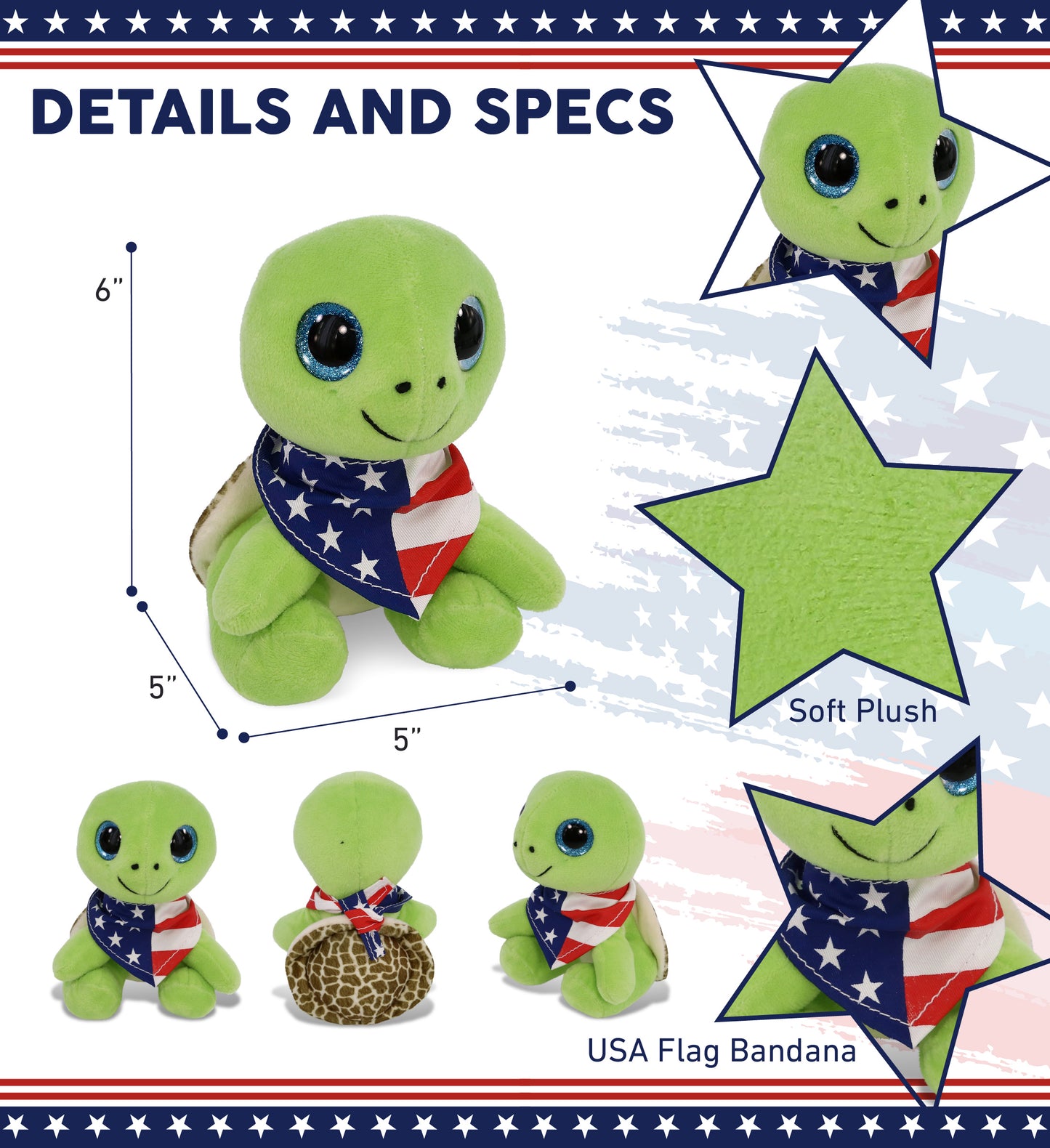 SPARKLE EYES PLUSH - SMALL GREEN SEA TURTLE WITH USA FLAG BANDANA