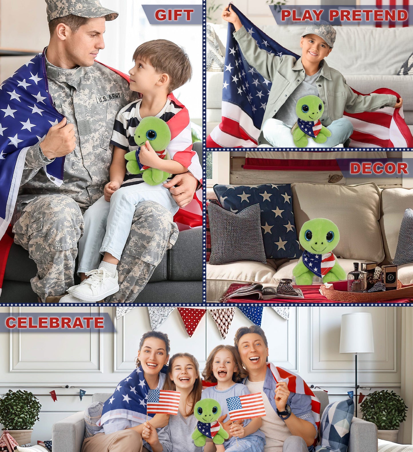 SPARKLE EYES PLUSH - SMALL GREEN SEA TURTLE WITH USA FLAG BANDANA