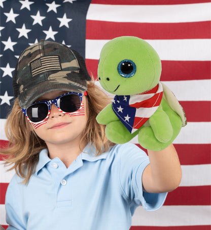 SPARKLE EYES PLUSH - SMALL GREEN SEA TURTLE WITH USA FLAG BANDANA