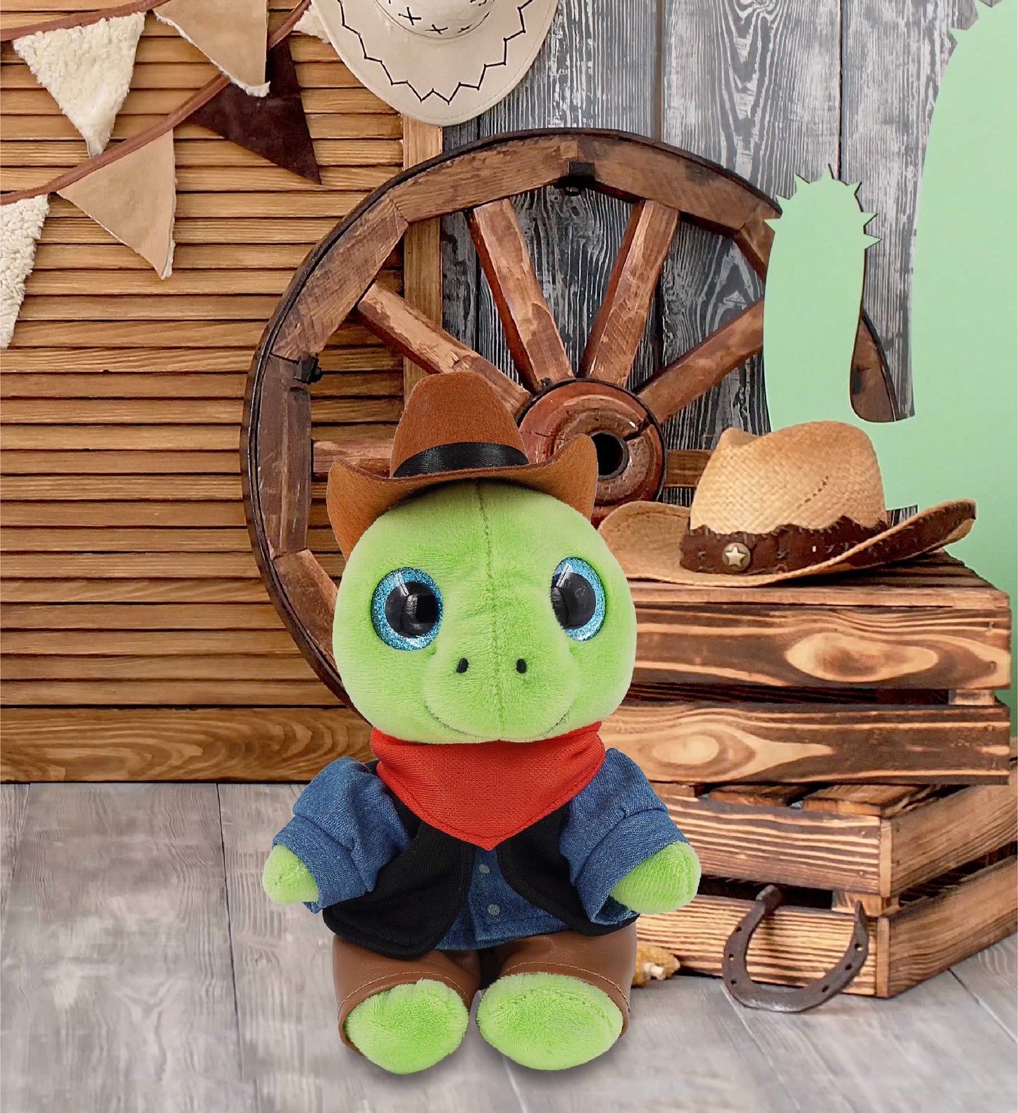 SPARKLE EYES PLUSH - SMALL GREEN SEA TURTLE COWBOY DRESS UP