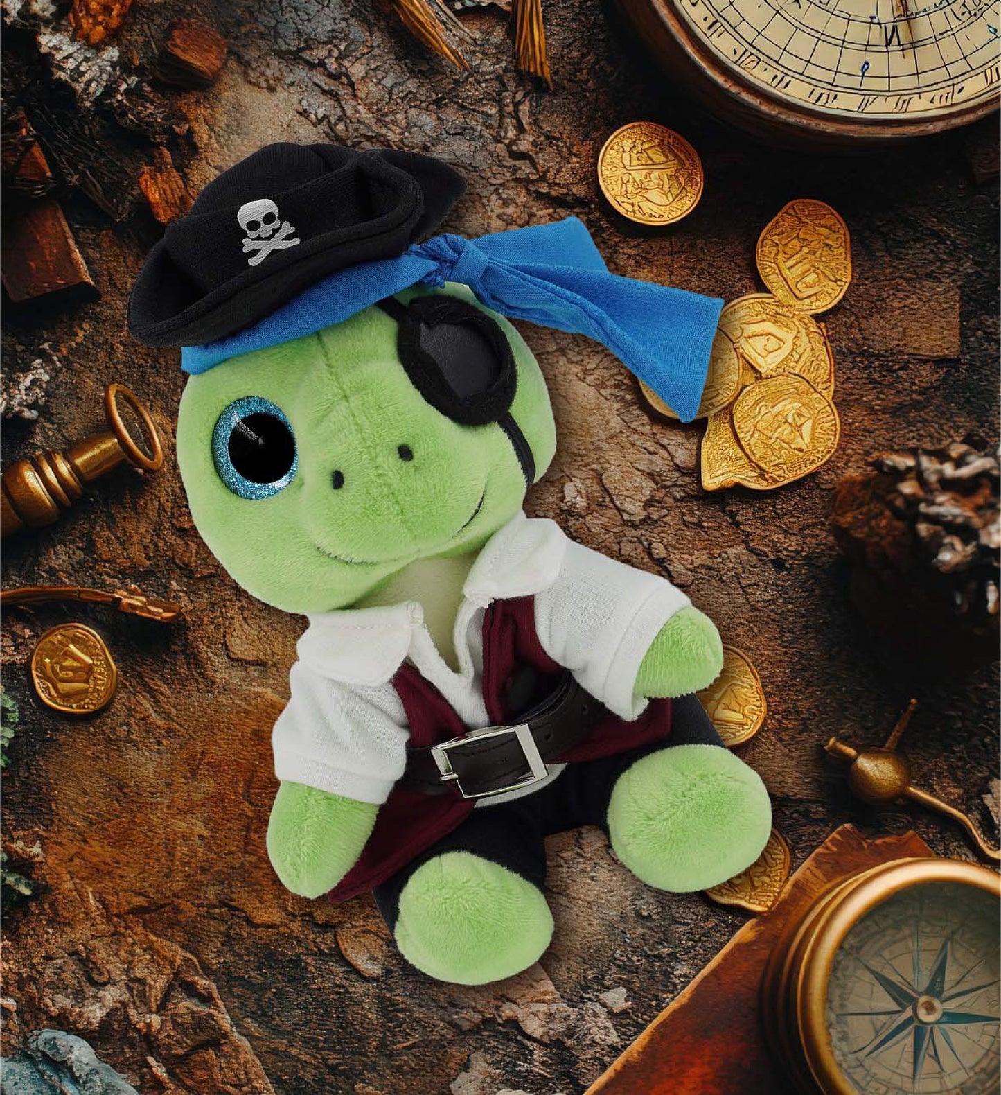 SPARKLE EYES PLUSH - SMALL GREEN SEA TURTLE WITH PIRATE DRESS UP