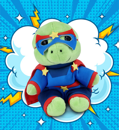 SPARKLE EYES PLUSH - SMALL GREEN SEA TURTLE WITH SUPER HERO DRESS UP