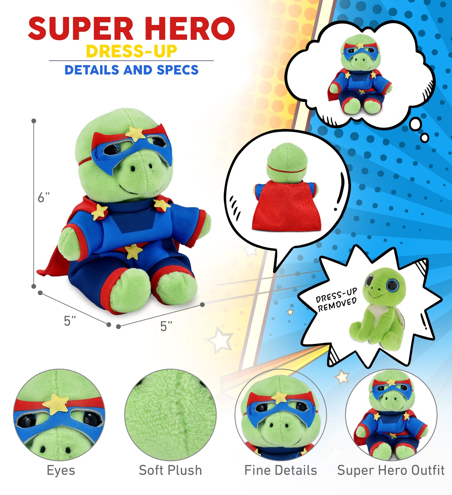 SPARKLE EYES PLUSH - SMALL GREEN SEA TURTLE WITH SUPER HERO DRESS UP