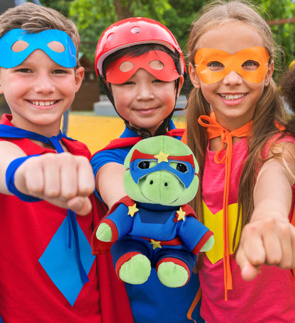 SPARKLE EYES PLUSH - SMALL GREEN SEA TURTLE WITH SUPER HERO DRESS UP
