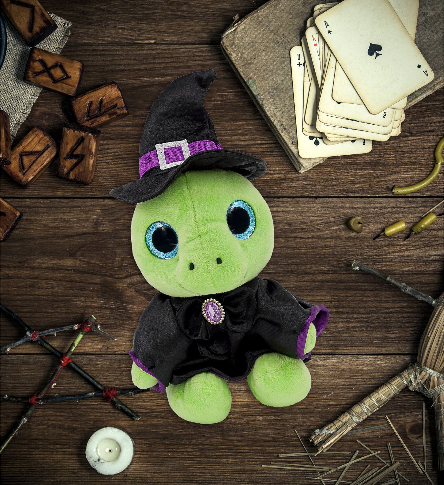 SPARKLE EYES PLUSH - SMALL GREEN SEA TURTLE WITH WITCH DRESS UP