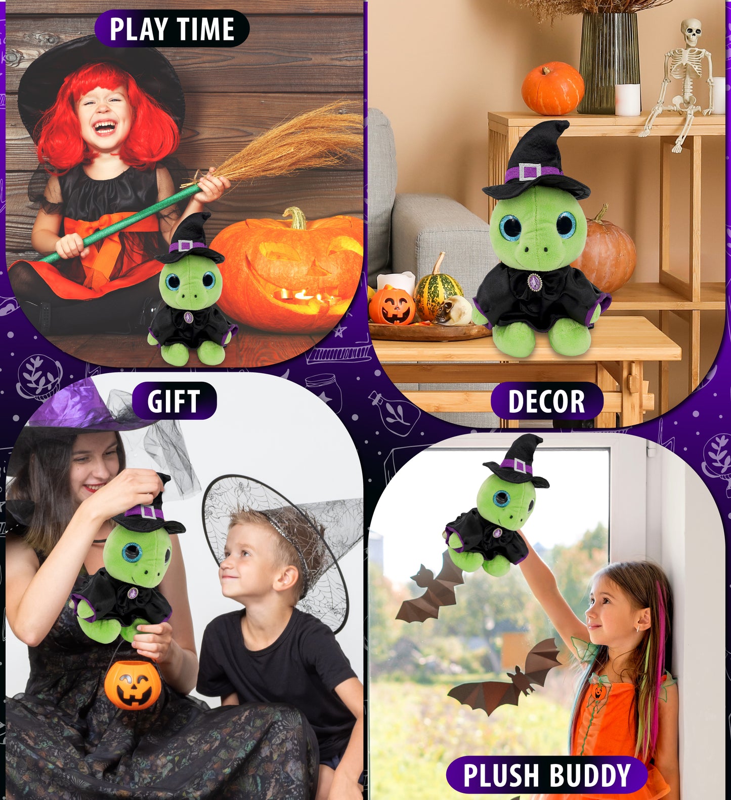 SPARKLE EYES PLUSH - SMALL GREEN SEA TURTLE WITH WITCH DRESS UP