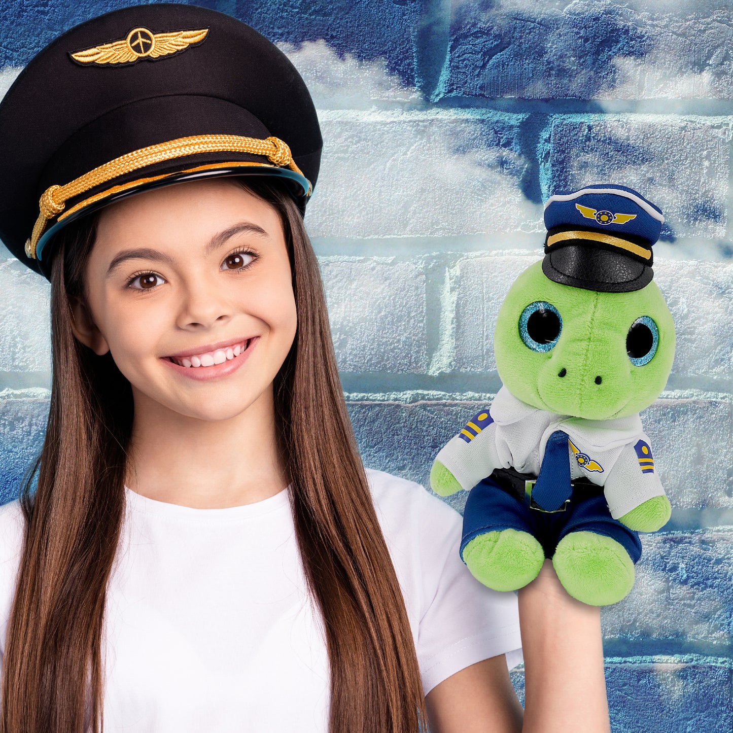 SPARKLE EYES PLUSH - SMALL GREEN SEA TURTLE WITH PILOT DRESS UP