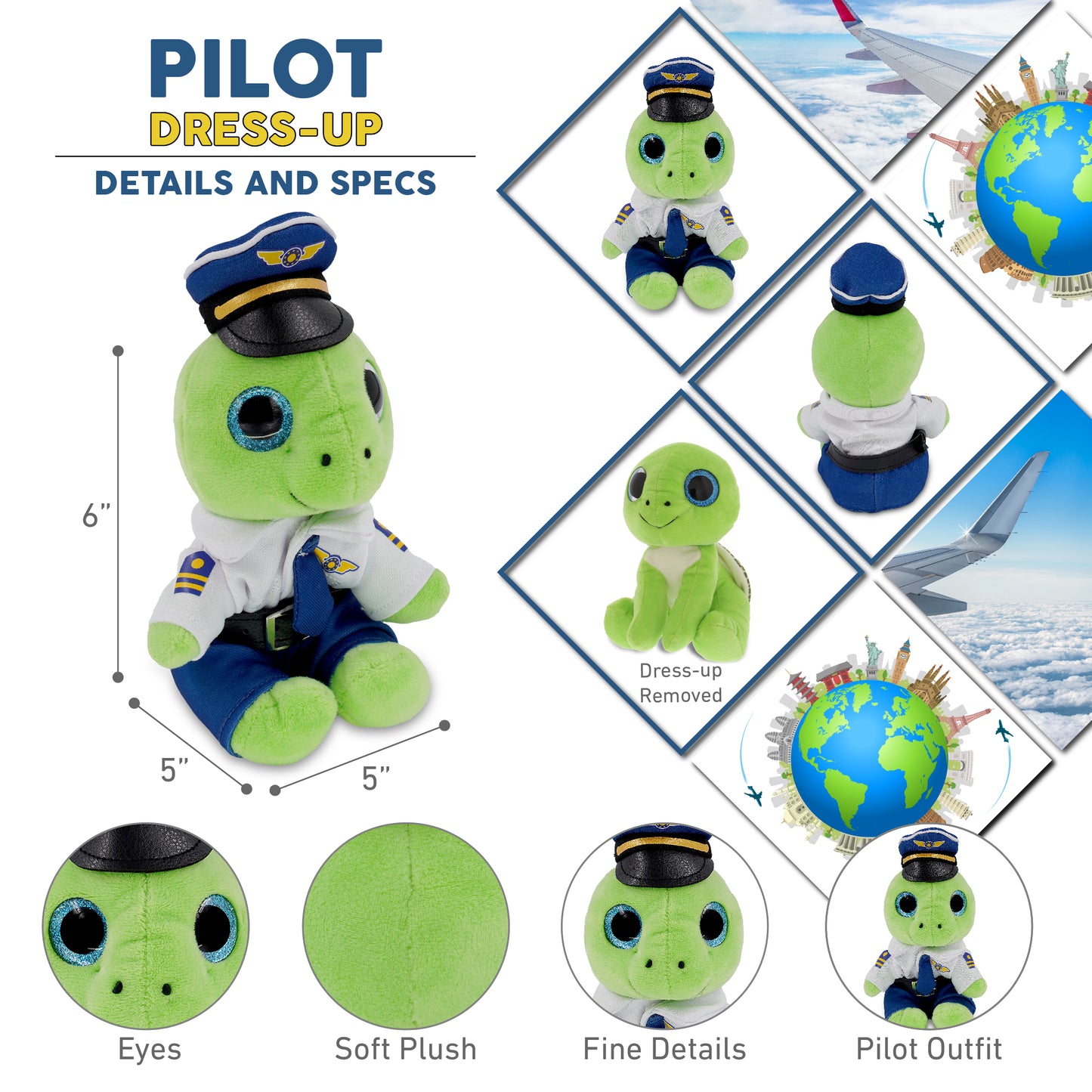 SPARKLE EYES PLUSH - SMALL GREEN SEA TURTLE WITH PILOT DRESS UP