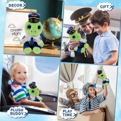 SPARKLE EYES PLUSH - SMALL GREEN SEA TURTLE WITH PILOT DRESS UP