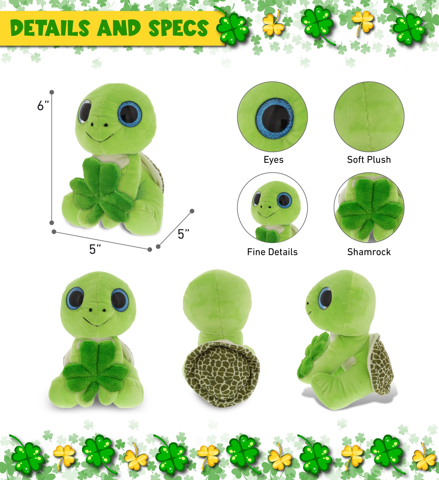 DolliBu Green Sea Turtle Stuffed Animal with Green Plush Shamrock - 6 Inches