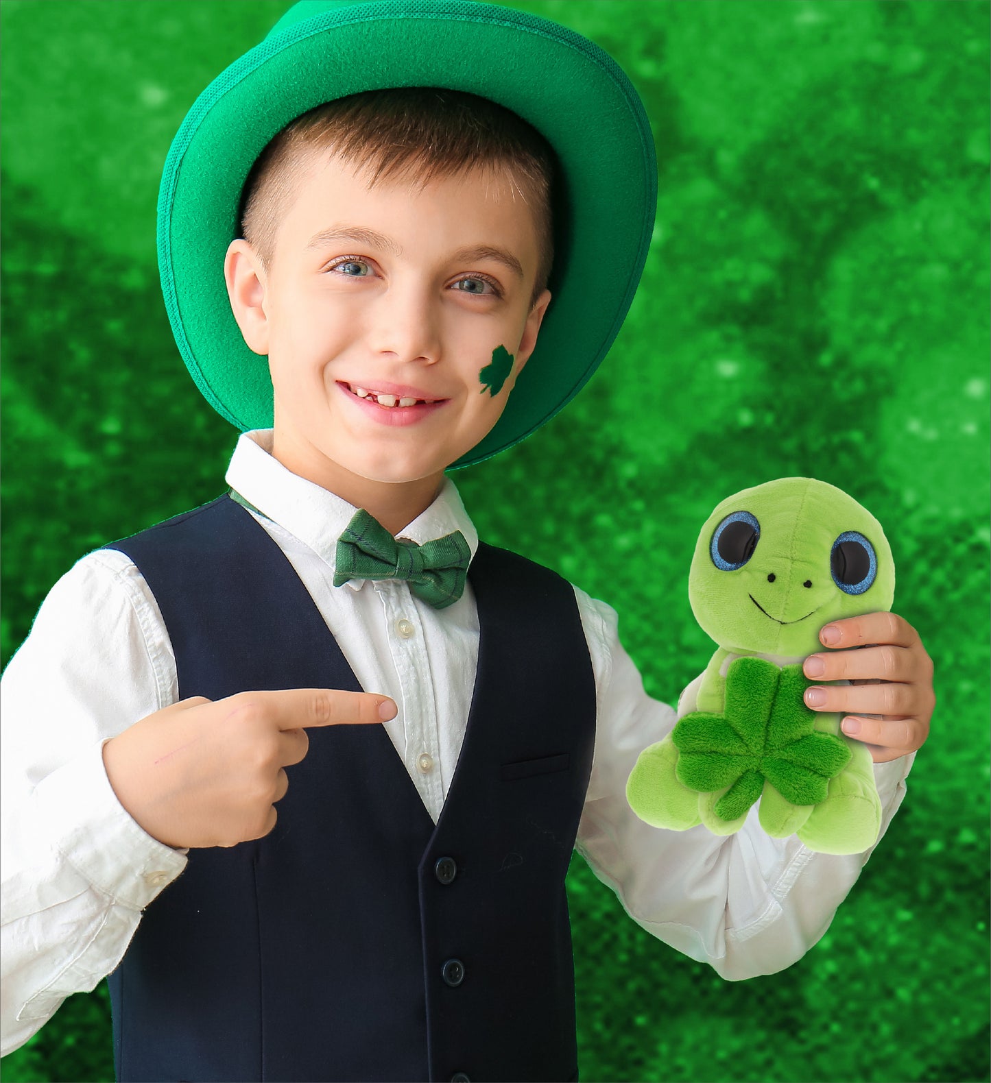 DolliBu Green Sea Turtle Stuffed Animal with Green Plush Shamrock - 6 Inches