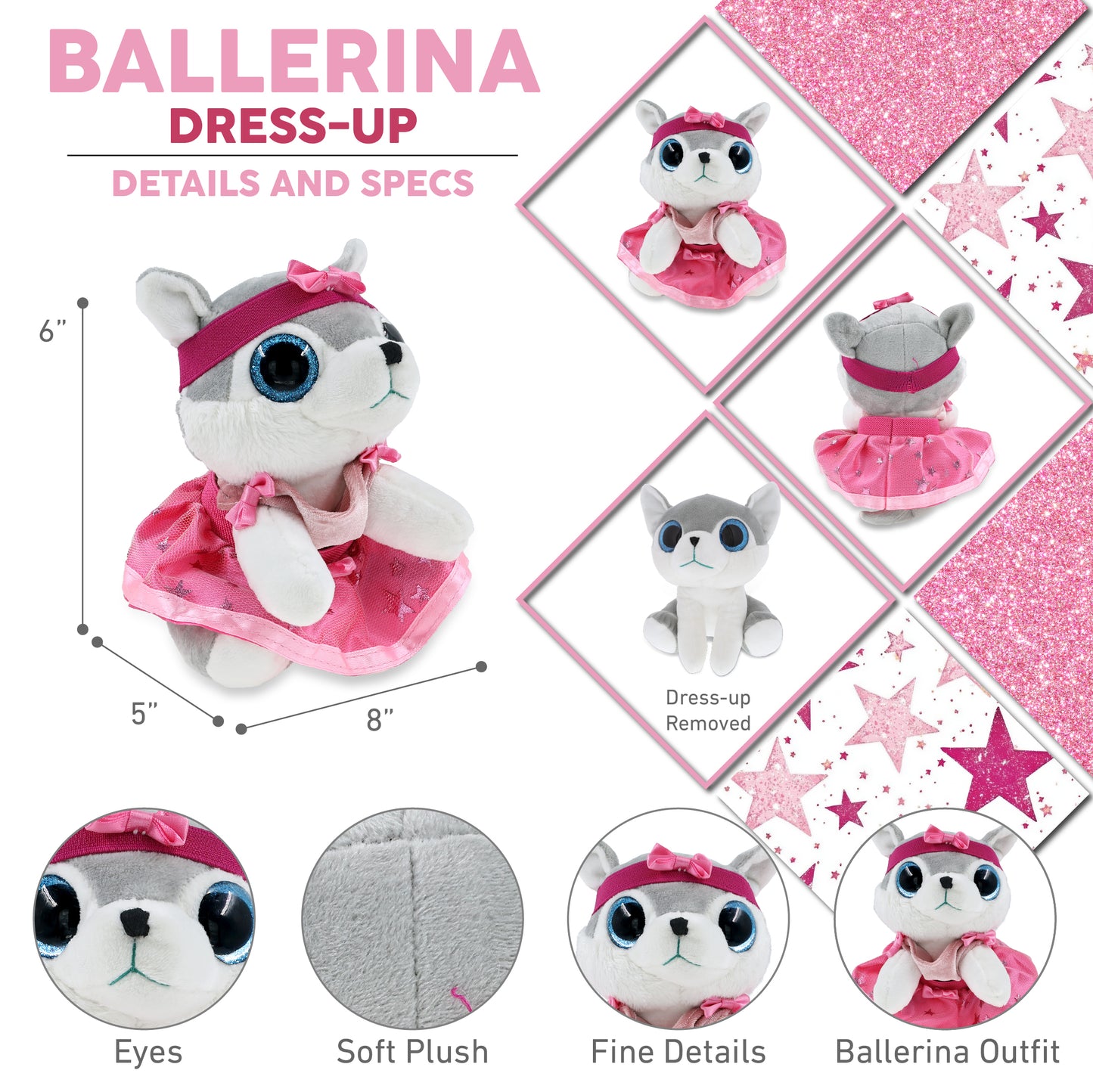 SPARKLE EYES PLUSH - SMALL WOLF WITH BALLERINA DRESS UP