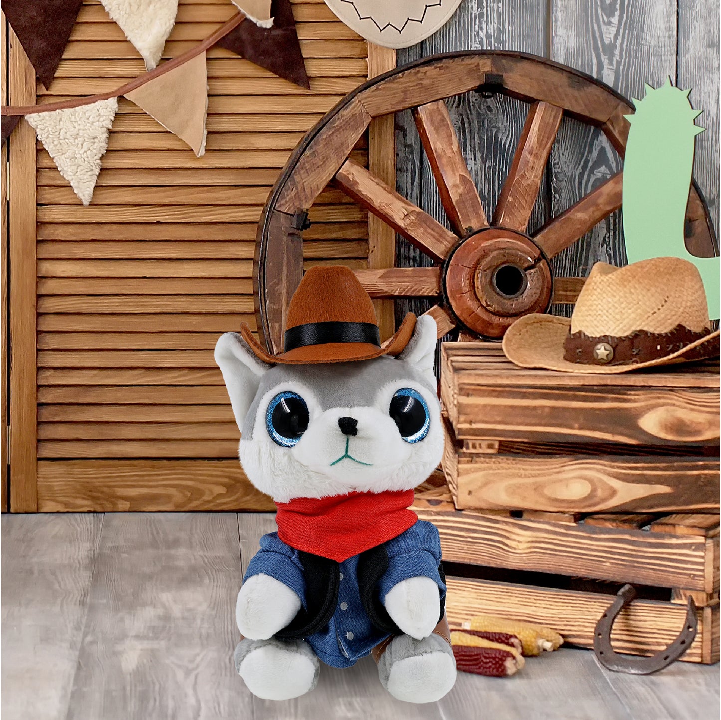 SPARKLE EYES PLUSH - SMALL WOLF With COWBOY Dress Up