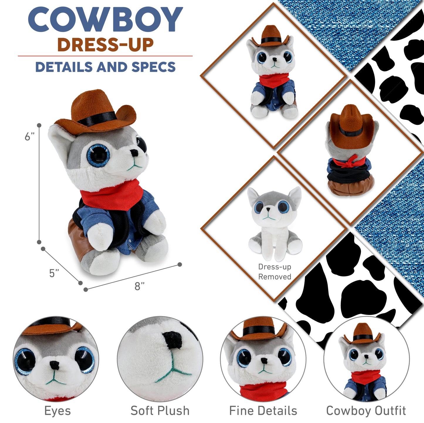 SPARKLE EYES PLUSH - SMALL WOLF With COWBOY Dress Up