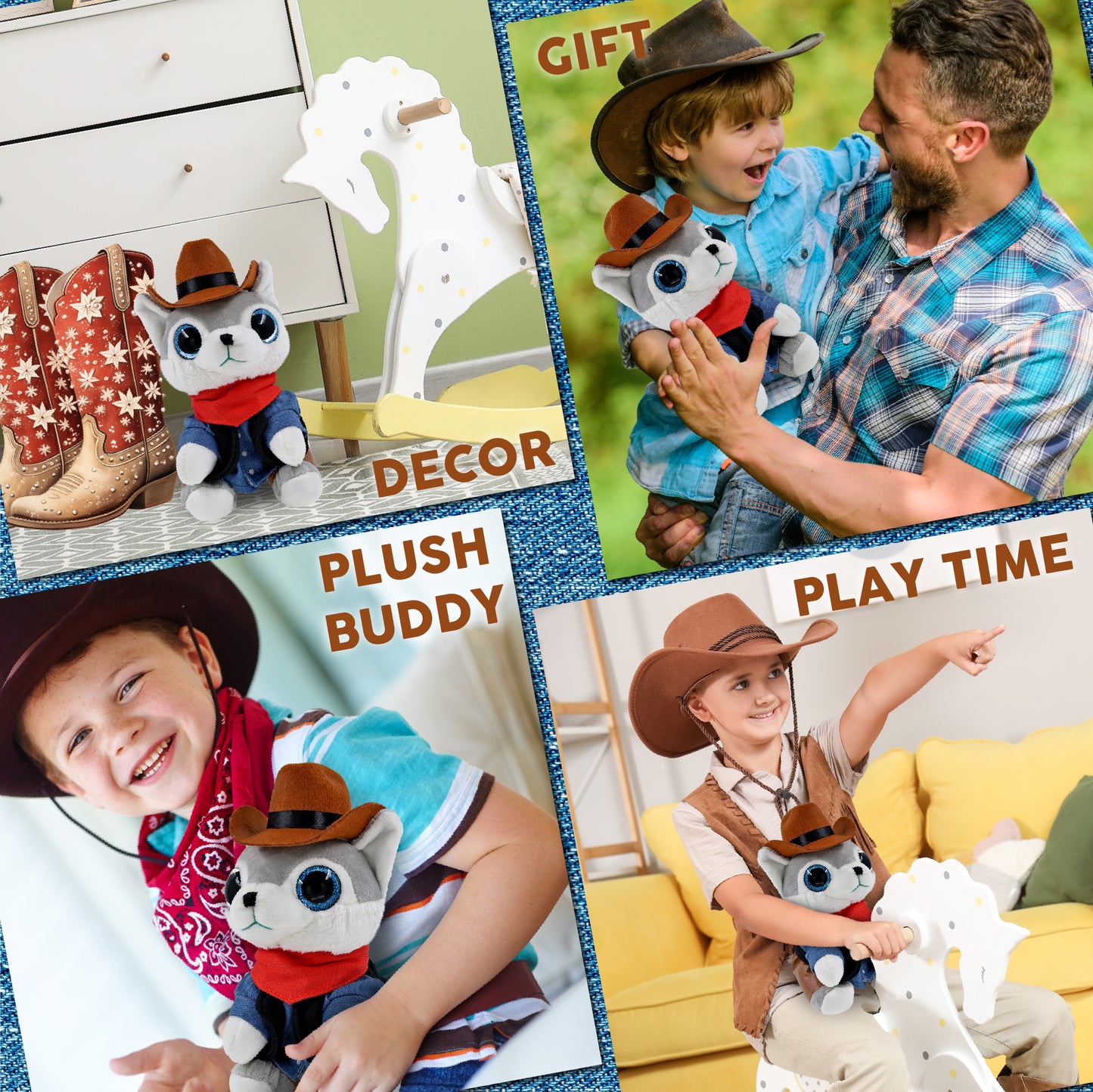 SPARKLE EYES PLUSH - SMALL WOLF With COWBOY Dress Up