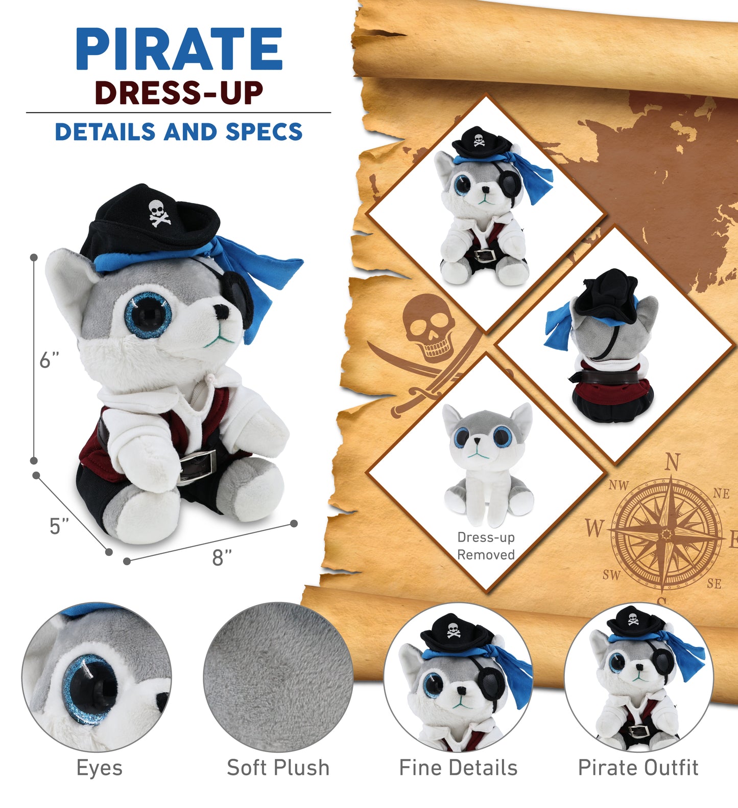 SPARKLE EYES PLUSH - SMALL WOLF PIRATE DRESS UP