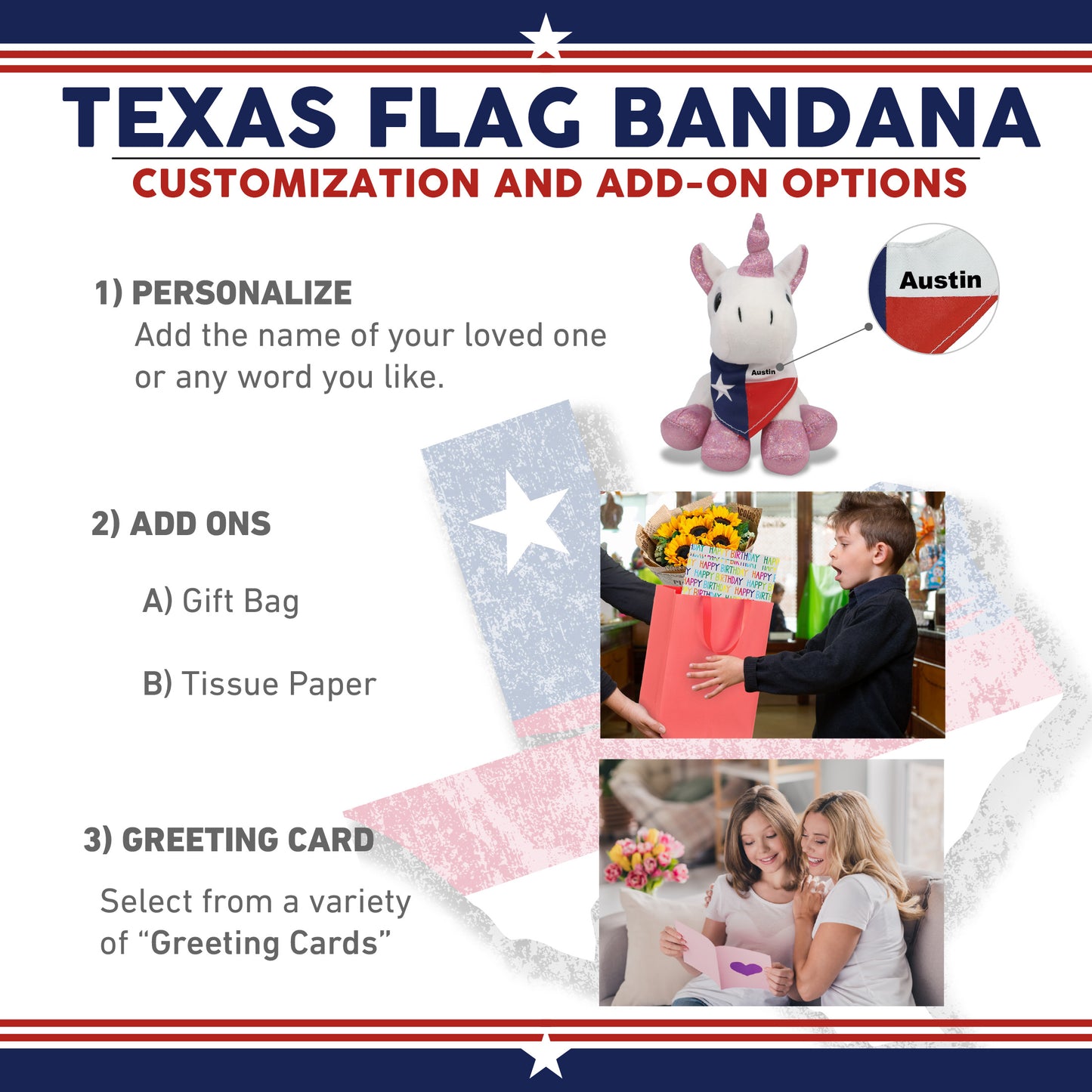 SPARKLE EYES PLUSH - WHITE UNICORN WITH TEXAS FLAG BANDANA