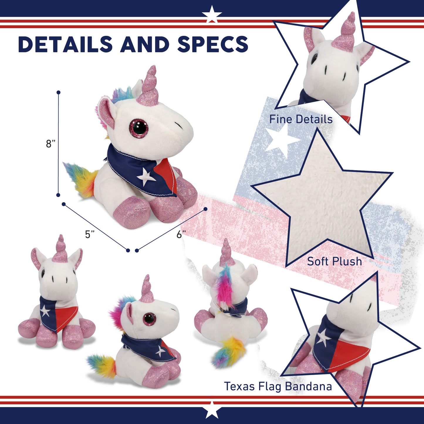 SPARKLE EYES PLUSH - WHITE UNICORN WITH TEXAS FLAG BANDANA