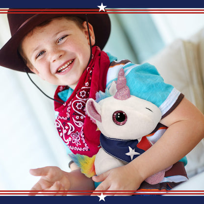 SPARKLE EYES PLUSH - WHITE UNICORN WITH TEXAS FLAG BANDANA