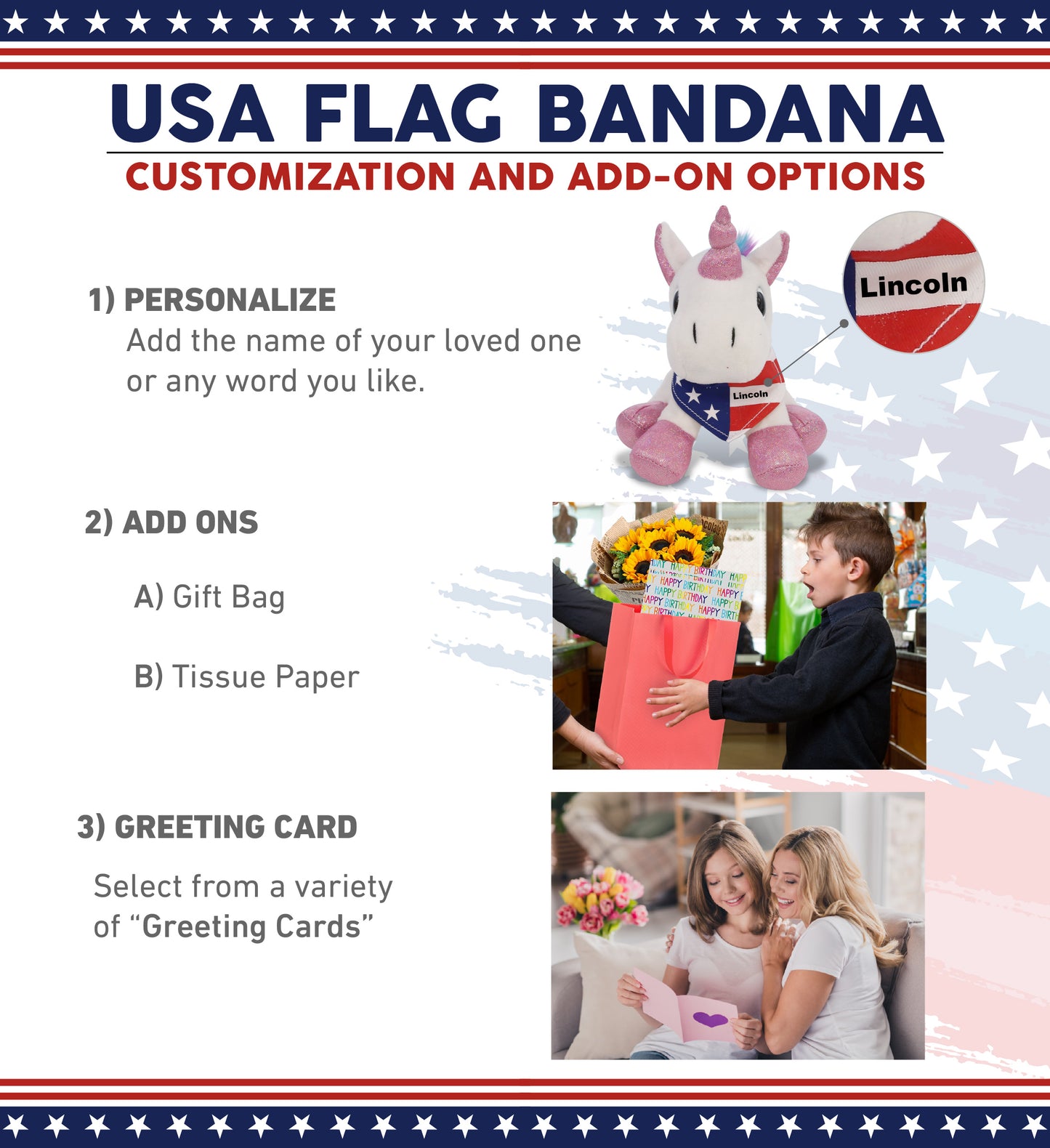 SPARKLE EYES PLUSH - WHITE UNICORN WITH USA FLAG BANDANA