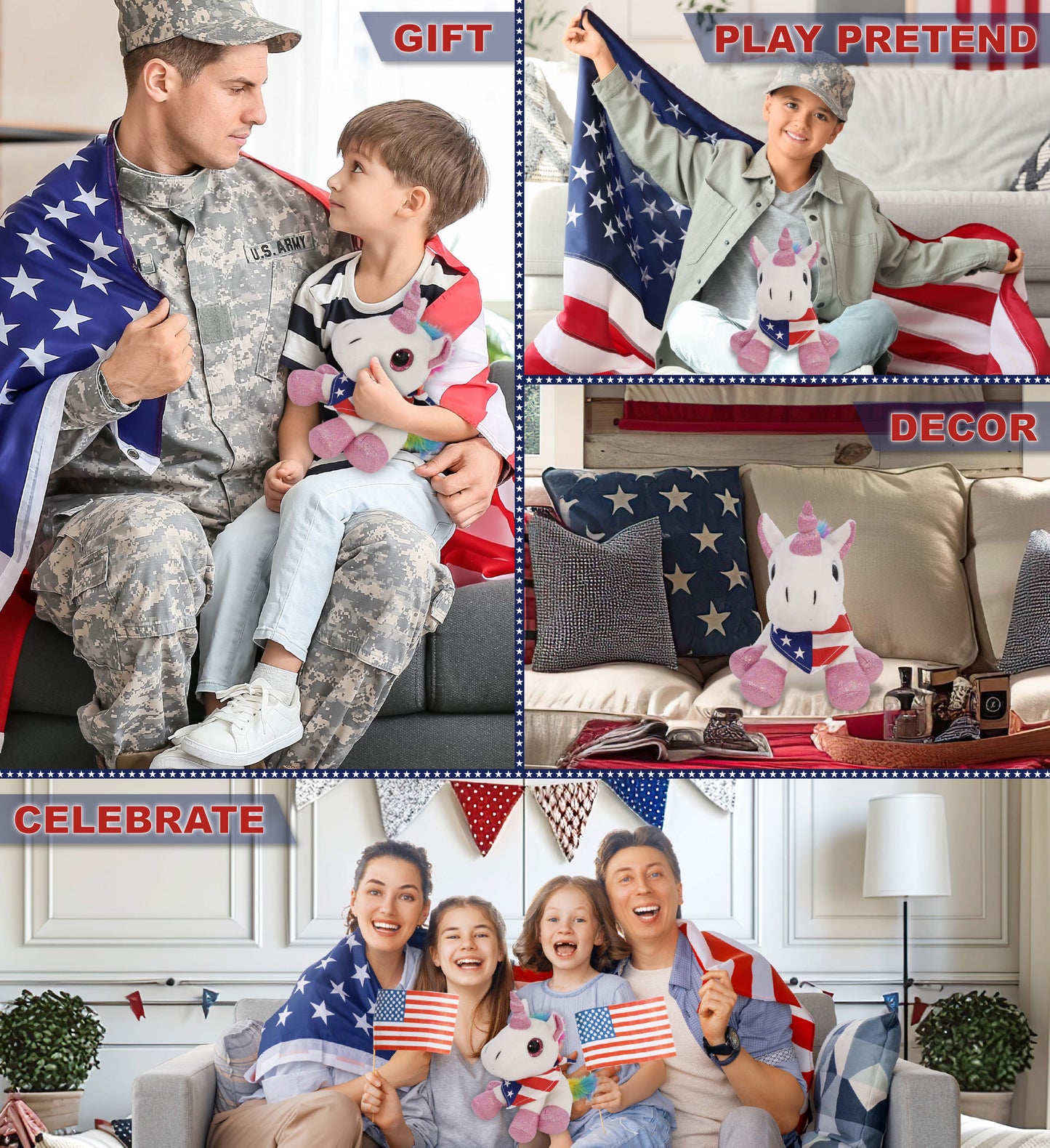 SPARKLE EYES PLUSH - WHITE UNICORN WITH USA FLAG BANDANA