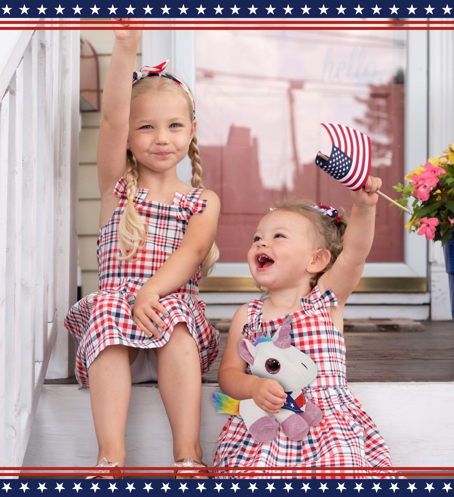 SPARKLE EYES PLUSH - WHITE UNICORN WITH USA FLAG BANDANA