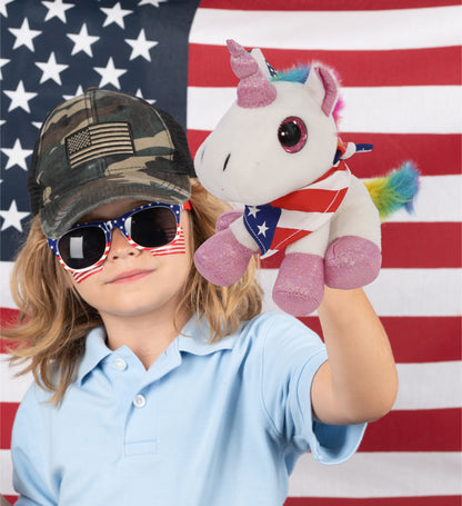 SPARKLE EYES PLUSH - WHITE UNICORN WITH USA FLAG BANDANA