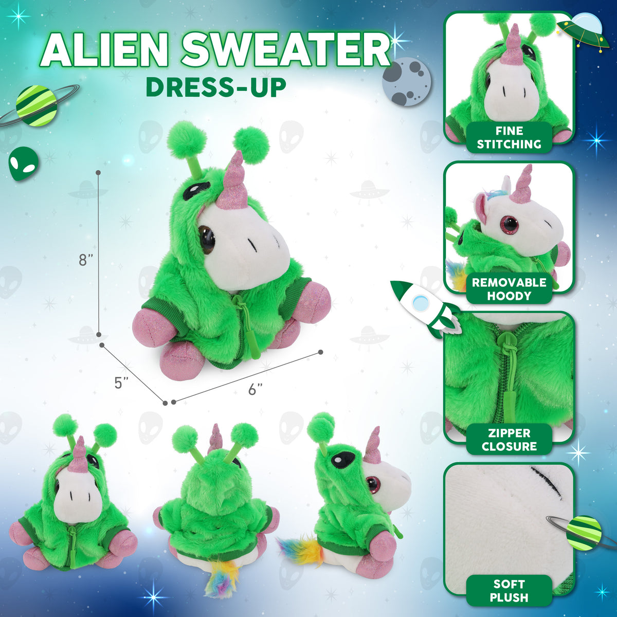 SPARKLE EYES PLUSH - WHITE UNICORN WITH ALIEN SWEATER