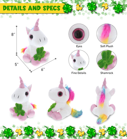 DolliBu Cute White Unicorn Stuffed Animal with Green Plush Shamrock - 8 Inches
