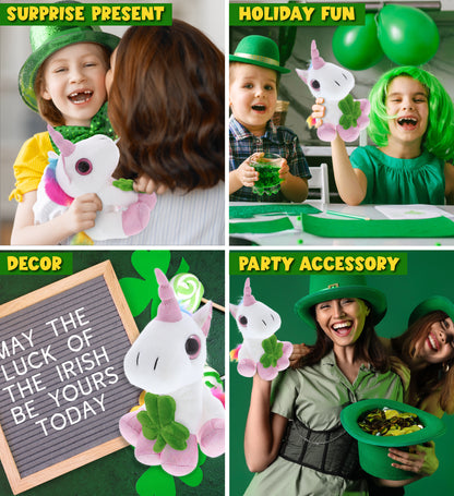 DolliBu Cute White Unicorn Stuffed Animal with Green Plush Shamrock - 8 Inches