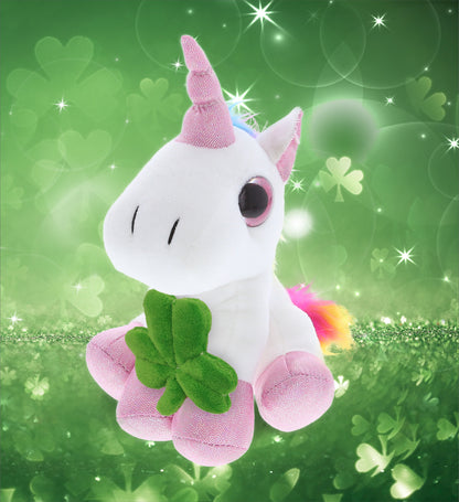 DolliBu Cute White Unicorn Stuffed Animal with Green Plush Shamrock - 8 Inches