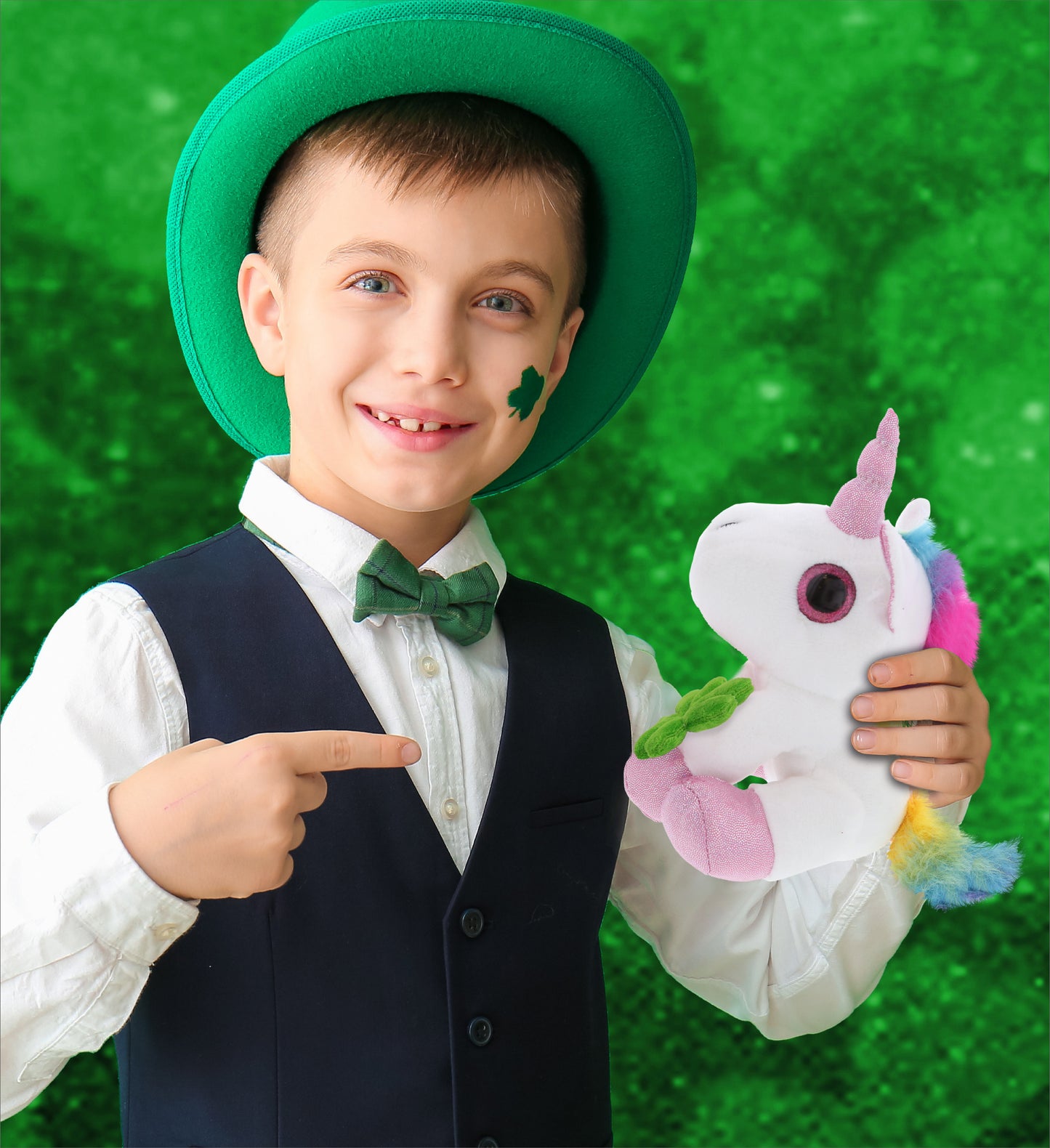 DolliBu Cute White Unicorn Stuffed Animal with Green Plush Shamrock - 8 Inches
