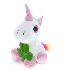 DolliBu Cute White Unicorn Stuffed Animal with Green Plush Shamrock - 8 Inches
