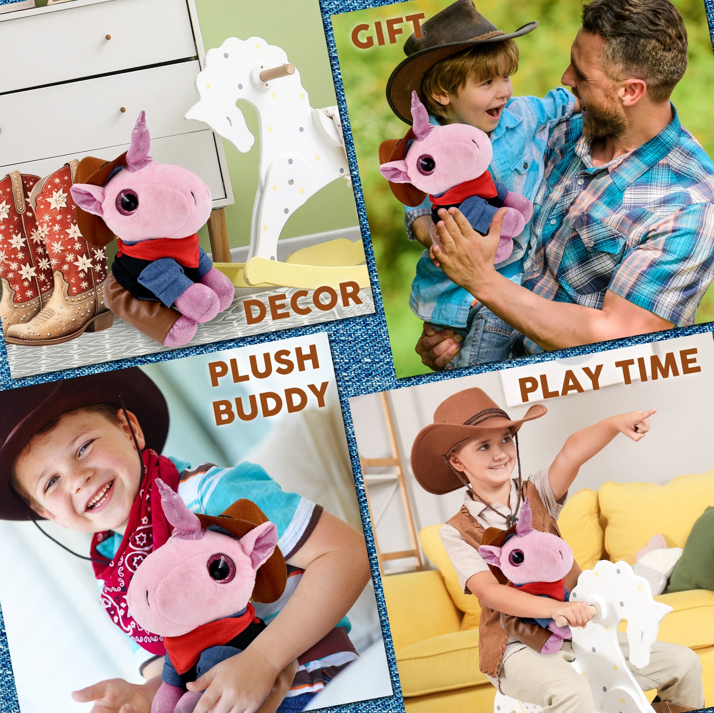 SPARKLE EYES PLUSH - PINK UNICORN With COWBOY Dress Up