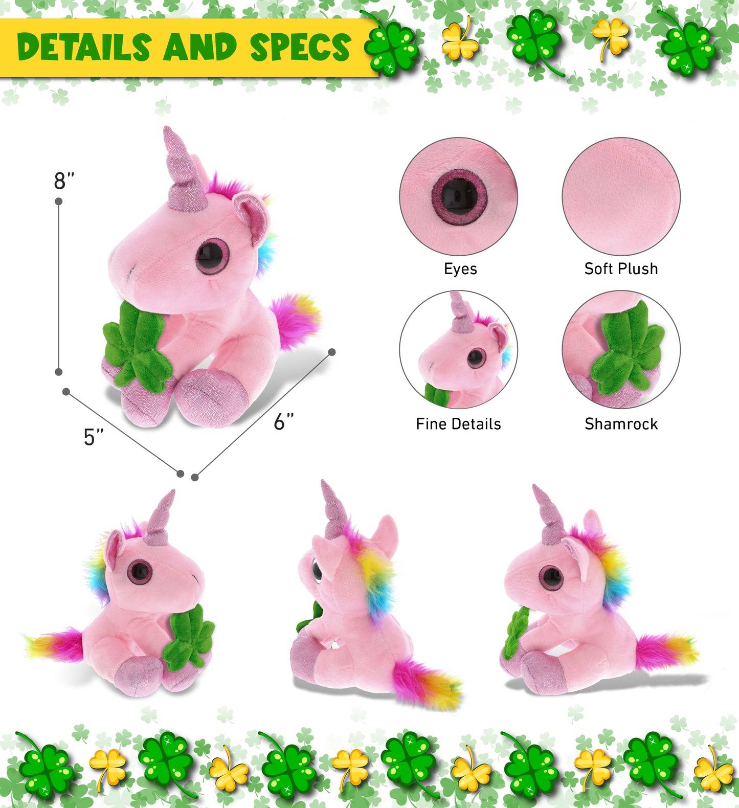 DolliBu Cute Pink Unicorn Stuffed Animal with Green Plush Shamrock - 8 Inches