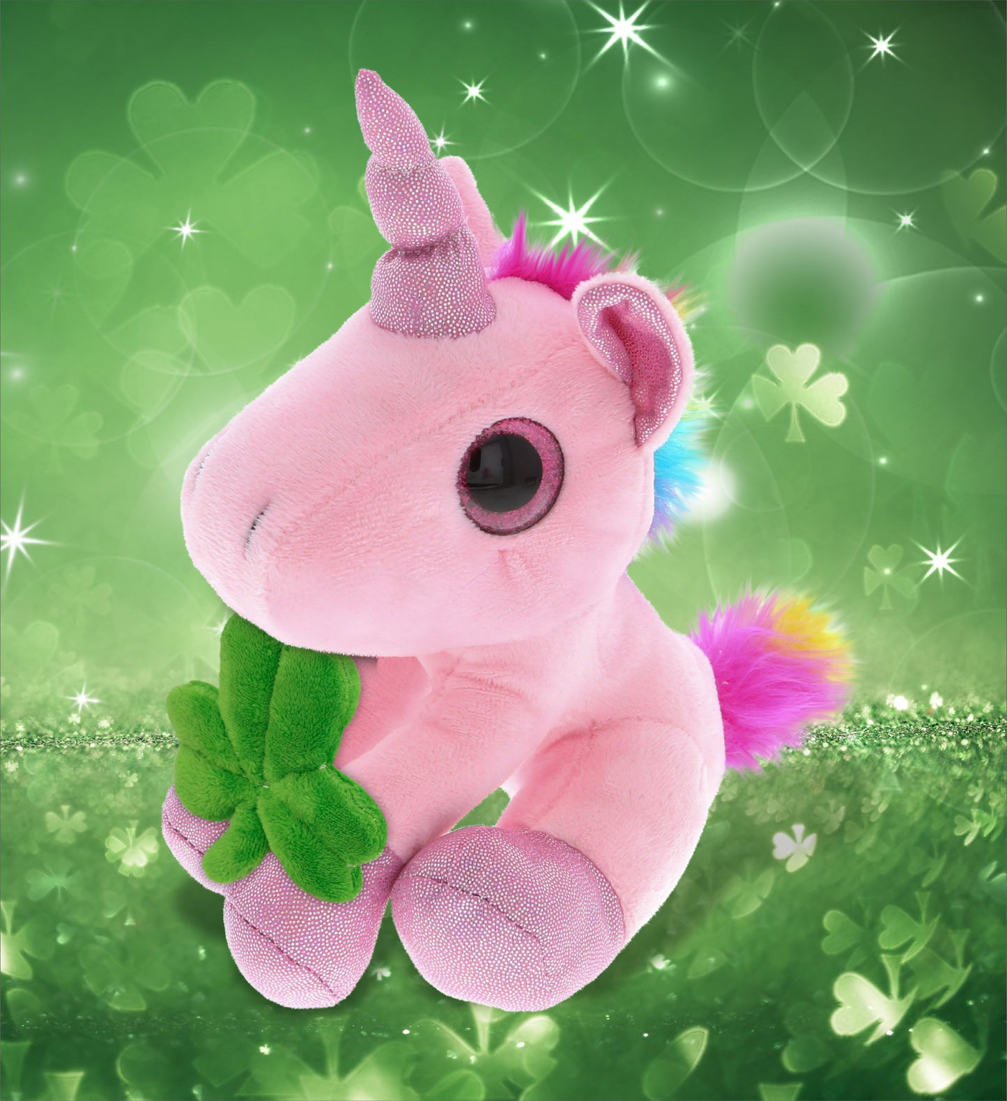 DolliBu Cute Pink Unicorn Stuffed Animal with Green Plush Shamrock - 8 Inches